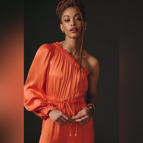 Farm Rio x Anthropologie One Shoulder Jumpsuit Satin Feel Orange Size Medium EUC - Picture 4 of 10
